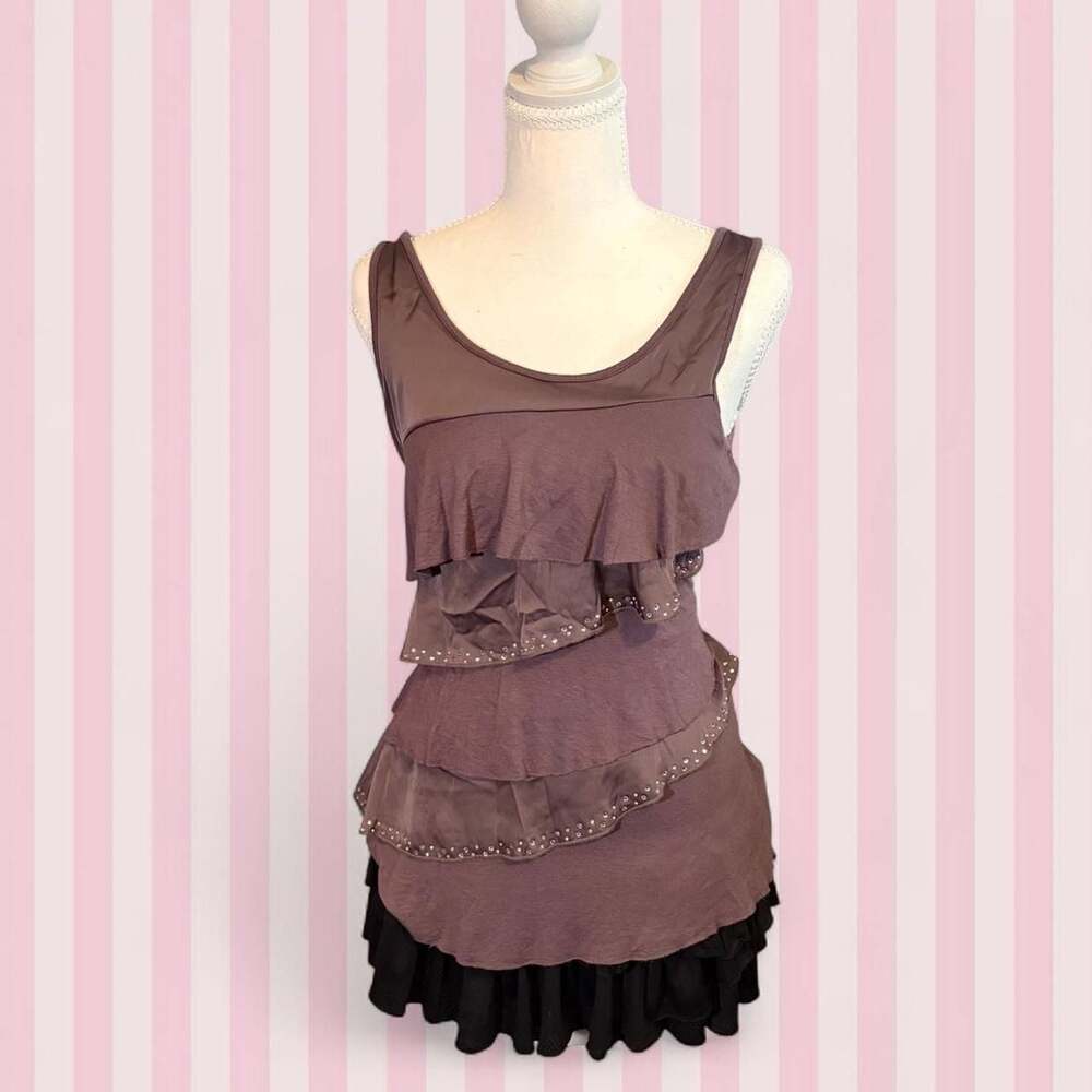 Studio Y Brown Ruffled Tank Top with Rhinestone Trim